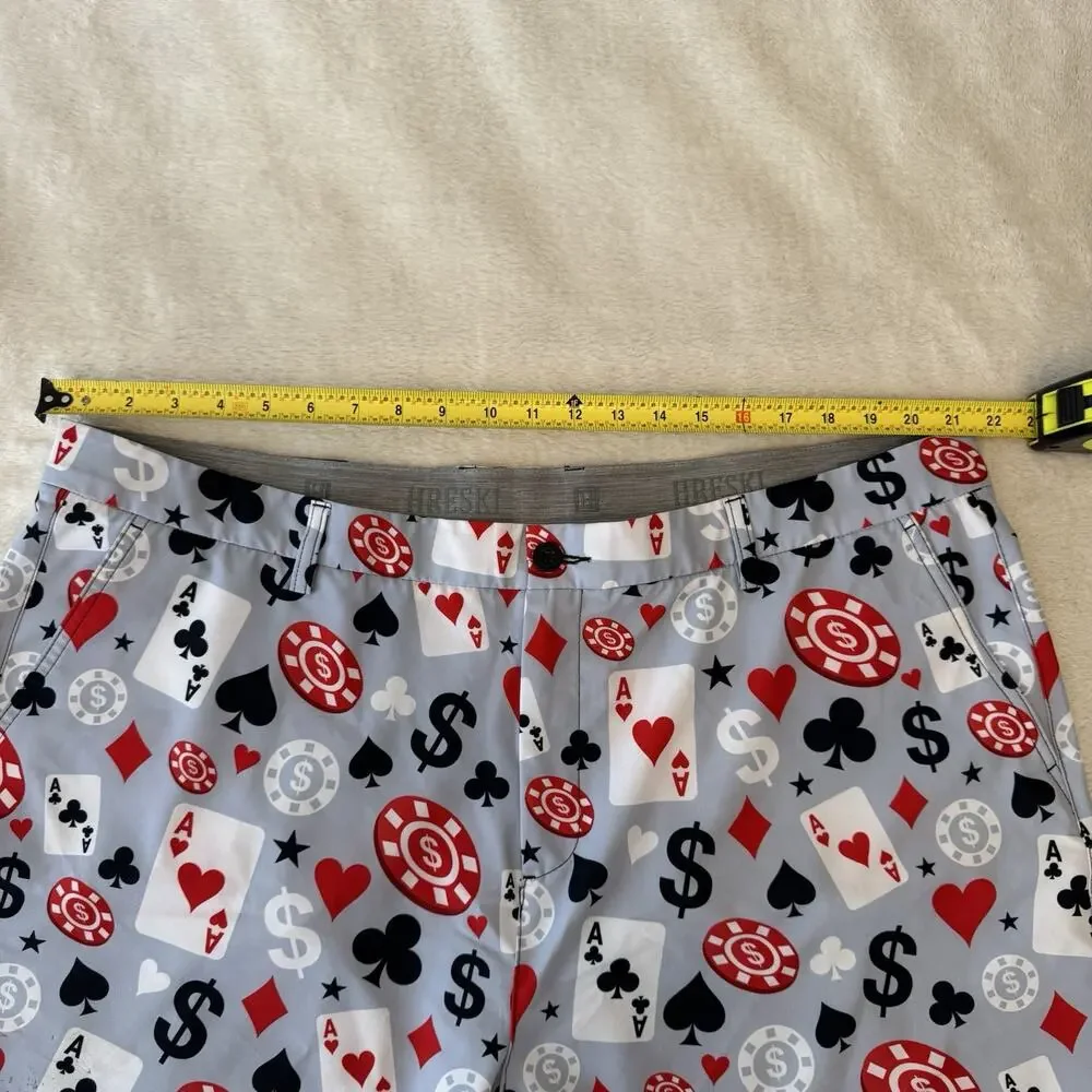 Hreski Men's Casino Print Chino Shorts Gray Microfiber Poly/Spandex 10